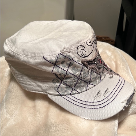 🦋 WHITE/GRAY CRYSTAL EMBELLISHED 100% COTTON ELASTIC BACK BUTTERFLY HAT CAP - Picture 7 of 12